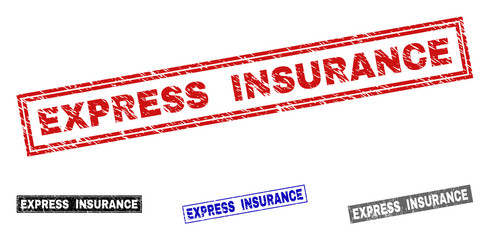 Grunge EXPRESS INSURANCE rectangle stamp seals isolated on a white background. Rectangular seals with distress texture in red, blue, black and gray colors.