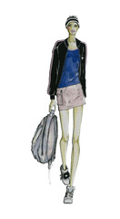 Hand drawn fashion illustration of beautiful young woman dressed in urban style. Watercolor sketch of a girl in stylish casual sporty outfit with backpack isolated on white background. Catwalk.