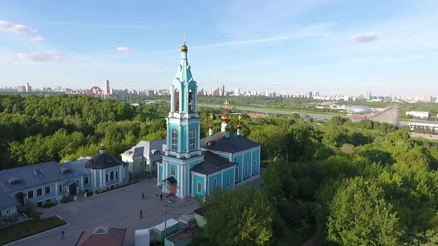 View Moscow, Krylatsky Hills, cycle track, Krylatskaya cycle road led from the drone Olympic cycle track rowing canal