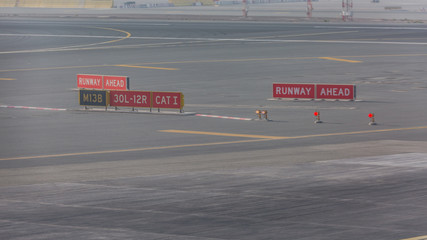 Airport aircraft parking , yellow taxi line for parking