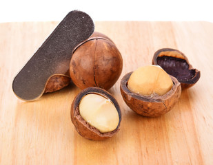 Macadamia nuts on a wooden table