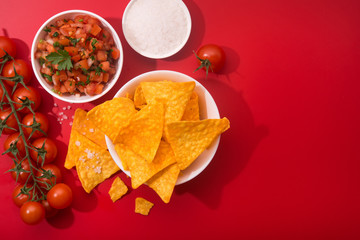 Crispy tortilla chips with salsa and salt