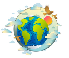 Cartoon earth clouds birds flying and sun vector modern style paper cut 3d illustration. Optimistic and positive freedom feeling concept design.