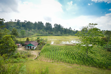 Beautiful panorama of villages around Lake Toba in Samosir Island, North Sumatra, Indonesia