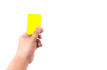Hand held a yellow leaf isolated from the white background