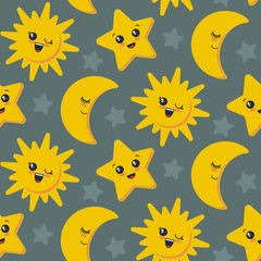 Vector seamless pattern with cute smiling sun, moon, star faces.