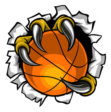 Eagle, bird or monster claw or talons holding a basketball ball and tearing through the background. Sports graphic.