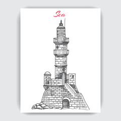 Restaurant card menu. Vector sketch of a seascape with a lighthouse.