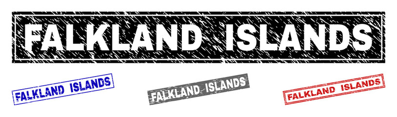 Grunge FALKLAND ISLANDS rectangle stamp seals isolated on a white background. Rectangular seals with grunge texture in red, blue, black and gray colors.