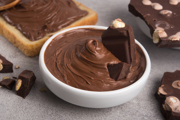 Sweet chocolate cream with bars and nuts