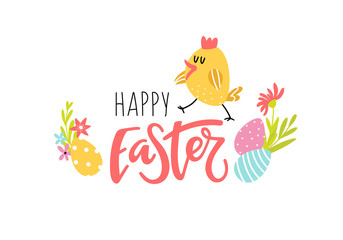 Easter background with flowers and chicken