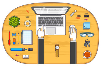 Office employee or entrepreneur work desk workplace with hands and PC notebook and diverse stationery objects for work, top view. All elements are easy to use separately. Vector illustration.