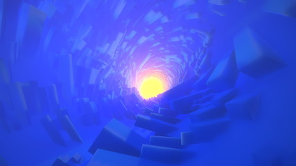Abstract technology round tunnel filled by long boxes and yellow warm and volumetric light in the background. 3D rendering illustration with place for your text
