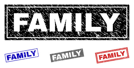 Grunge FAMILY rectangle stamp seals isolated on a white background. Rectangular seals with distress texture in red, blue, black and gray colors.