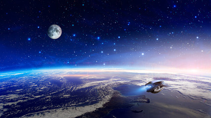 Fototapeta premium Space scene. Colorful nebula with earth planet, moon and spaceship. Elements furnished by NASA. 3D rendering