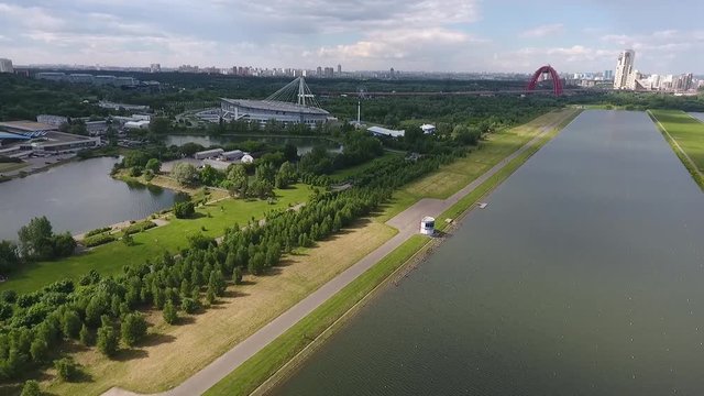 View of Moscow, Krylatsky Hills, cycle track, Krylatskaya cycle road e drone Olympic cycle track rowing canal