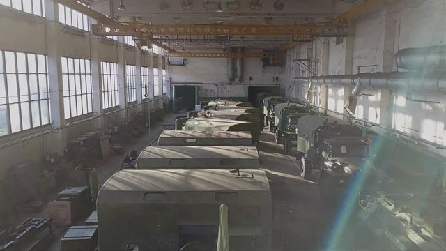 The big shop of a military industrial enterprise. View from the quadcopter.