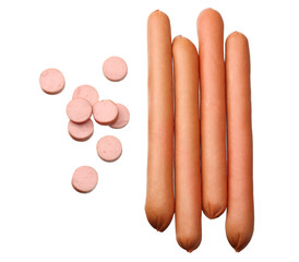 boiled sausages isolated on white background. top view