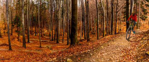Cycling man riding on bike at sunset mountains forest landscape. Cycling MTB enduro flow trail track. Outdoor sport activity.