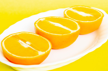 Fototapeta na wymiar cut oranges on a plate close-up