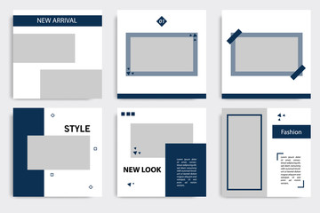 Editable square Memphis geometric banner template. Minimalist design background in dark blue indigo color. Vector illustration. Suitable for social media post and cover, web internet brochure.