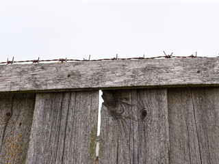 high fence with barbed wire on a white background.