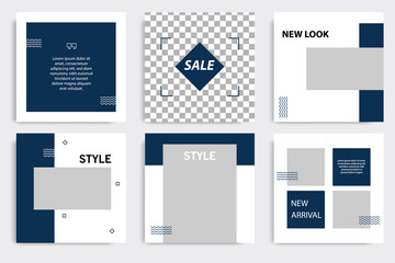 Editable square Memphis geometric banner template. Minimalist design background in dark blue indigo color. Vector illustration. Suitable for social media post and cover, web internet brochure.