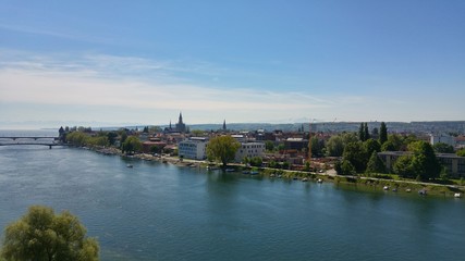 Obraz premium Konstanz am Bodensee, Panoramablick über den Rhein und den See