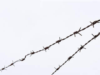 high fence with barbed wire on a white background.
