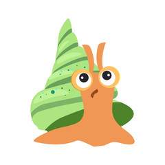 Surprised snail with green cochlea flat icon. Book character, sea life, garden animal. Mollusk concept. Vector illustration can be used for topics like zoology, nature, fauna
