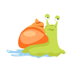 Ugly green snail with orange cochlea flat icon. Book character, slug, gastropod. Mollusk concept. Vector illustration can be used for topics like zoology, nature, sea life