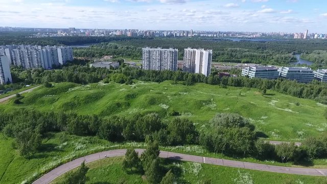 View Moscow, Krylatsky Hills, cycle track, Krylatskaya cycle road led from the drone Olympic cycle track rowing canal
