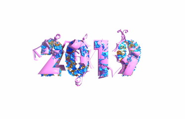 Happy New Year Banner with 2019 trendy pink color Numbers made by plastic and organic matterwhite Background. Abstract 3d illustration