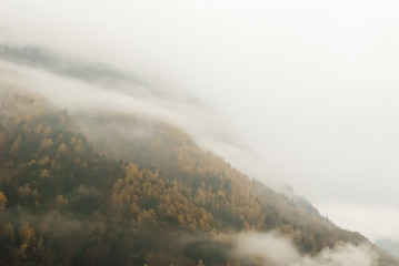 秋の雨の朝の雲が垂れ込めたリューチネ谷（スイス・ベルン州）