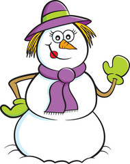 Cartoon illustration of a snow woman waving.