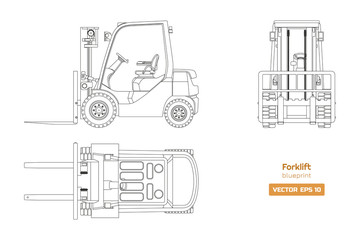 Outline blueprint of forklift. Top, side and front view. Hydraulic machinery image. Industrial isolated loader. Diesel vehicle drawing © shaineast