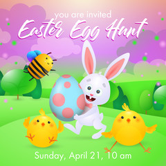 Easter Egg Hunt lettering with chicks, bunny and bee. Easter party invitation. Handwritten text, calligraphy. For leaflets, brochures, invitations, posters or banners.