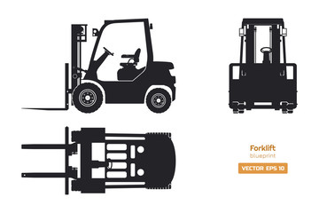 Black silhouette of forklift. Top, side and front view. Hydraulic machinery blueprint. Industrial isolated loader. Diesel vehicle drawing