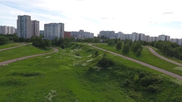 View Moscow, Krylatsky Hills, cycle track, Krylatskaya cycle road led from the drone Olympic cycle track rowing canal