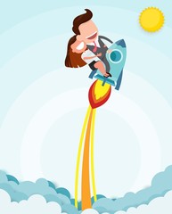 Businessman and women riding a rocket and smoke through cloud Business startup concept. vector illustration. flat design.