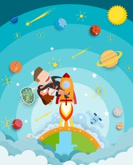 Fototapeta na wymiar Businessman and women riding a rocket and smoke through cloud Business startup concept. vector illustration. flat design.