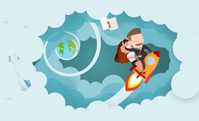 Businessman and women riding a rocket and smoke through cloud Business startup concept. vector illustration. flat design.