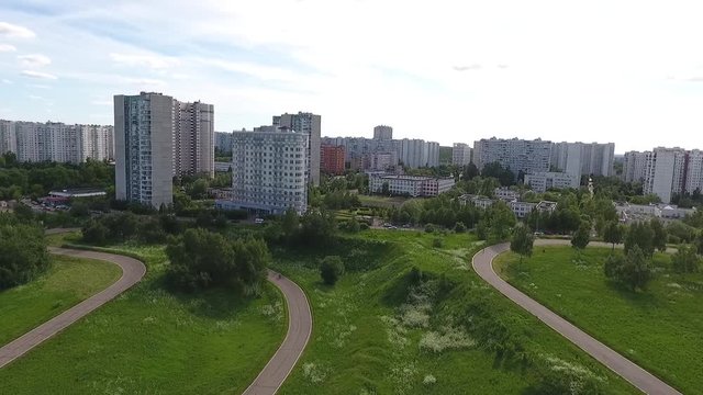 View Moscow, Krylatsky Hills, cycle track, Krylatskaya cycle road led from the drone Olympic cycle track rowing canal