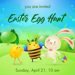 Easter Egg Hunt lettering with rabbit, bee and chick. Easter party invitation. Handwritten text, calligraphy. For leaflets, brochures, invitations, posters or banners.