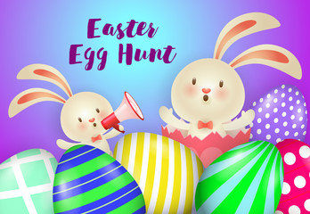 Easter Egg Hunt lettering, bunnies with megaphone and eggs. Easter party invitation. Handwritten text, calligraphy. For leaflets, brochures, invitations, posters or banners.