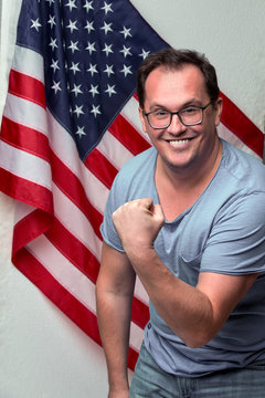 Happy male on american flag background