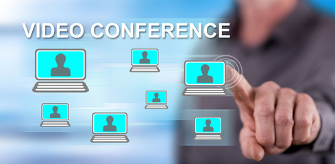 Man touching video conference concept