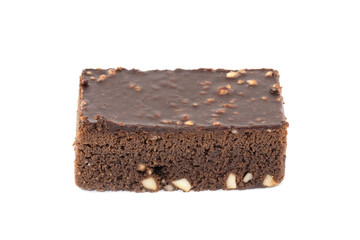 piece of chocolate cake on white background