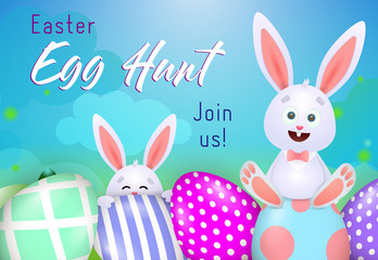 Egg Hunt lettering with funny rabbits and decorated eggs. Easter party invitation. Handwritten text, calligraphy. For leaflets, brochures, invitations, posters or banners.