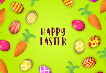 Happy Easter lettering with carrots and decorated eggs. Easter greeting card. Typed text, calligraphy. For leaflets, brochures, invitations, posters or banners.